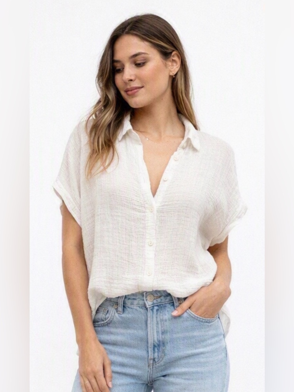 Ci Sono L.A Women’s Gauze Linen Button Down Blouse in True White Sz XL